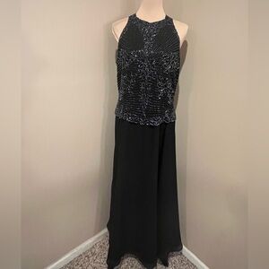 JKARA NY Elegant Black Beaded Top Halter Formal, Organza black Skirt, size 12
